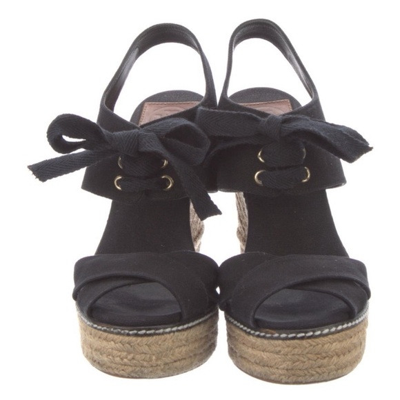 TORY BURCH Black Lace Up Canvas Espadrille Wedges Sandals Size 5 - Picture 1 of 16